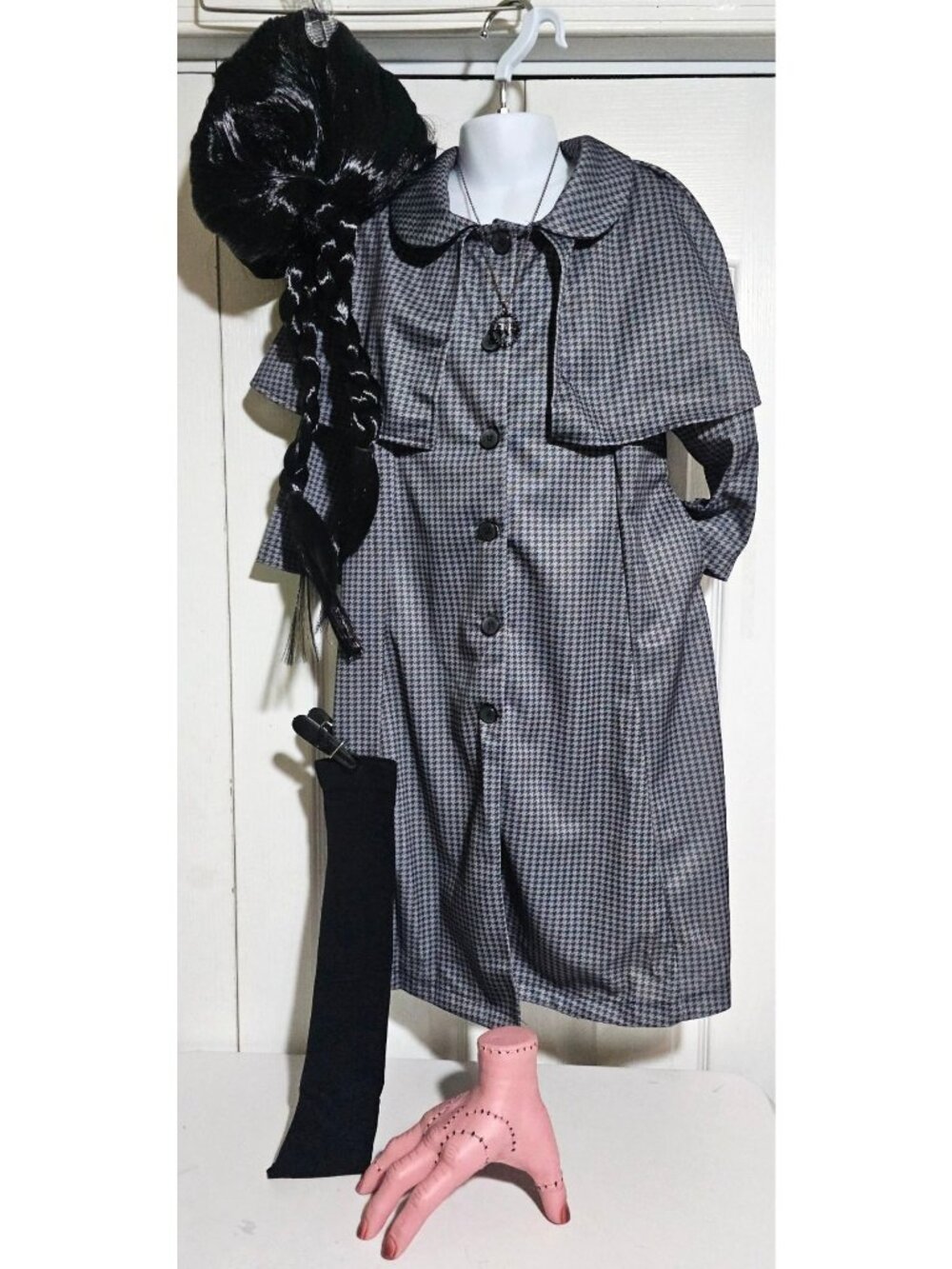 Wednesday Addams Costume Girls 4-5 Nevermore Coat Wig Thing Necklace Bundle NEW